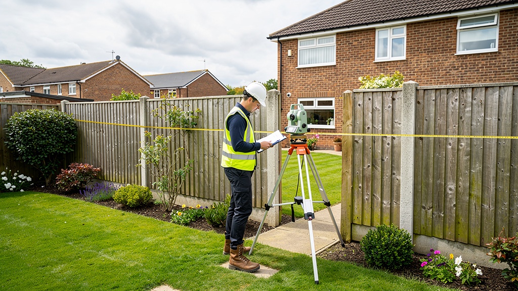 Property boundary survey being conducted between two neighbouring gardens in Barnet