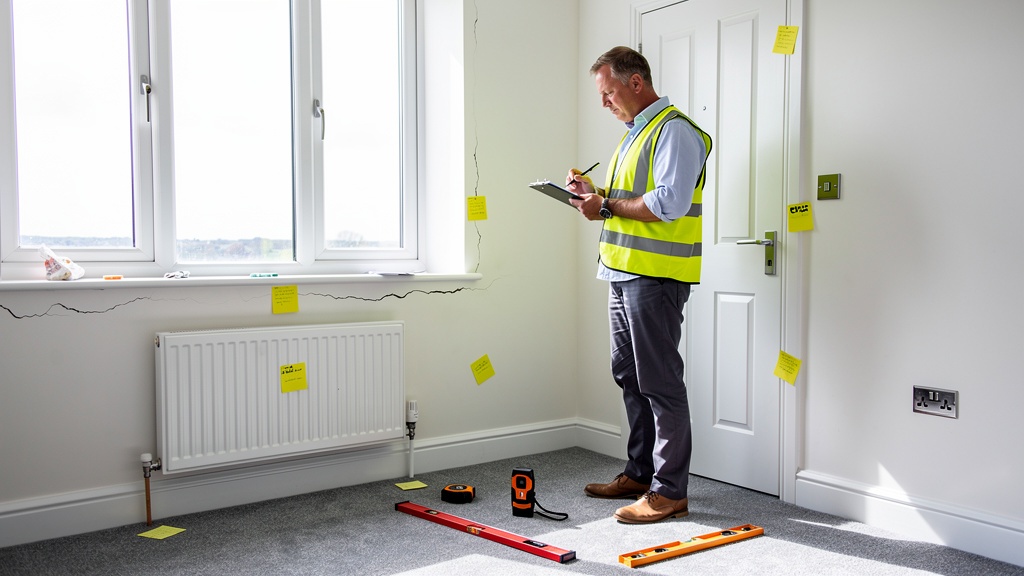 Snagging survey inspector checking defects in a new build property